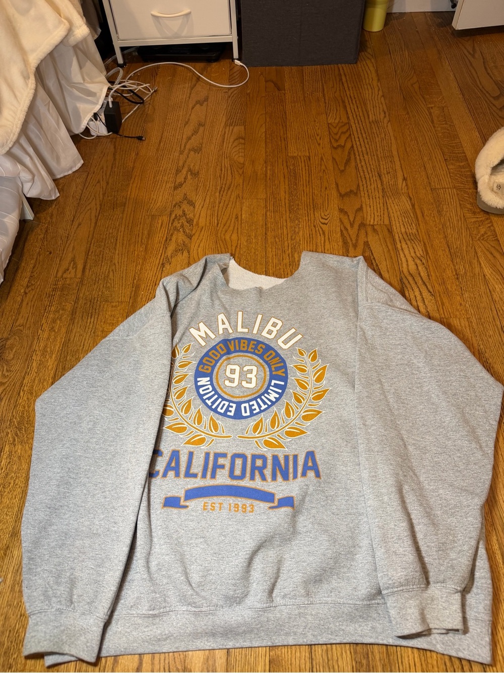 Target Women's Off-the-Shoulder Gray Graphic Sweatshirt with Blue & Gold Print